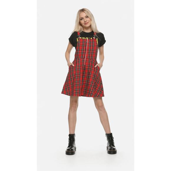 Hot Topic Dresses & Skirts - Hot Topic Plaid O-Ring Skirtall Overall Dress Womens Small Pockets Red Black